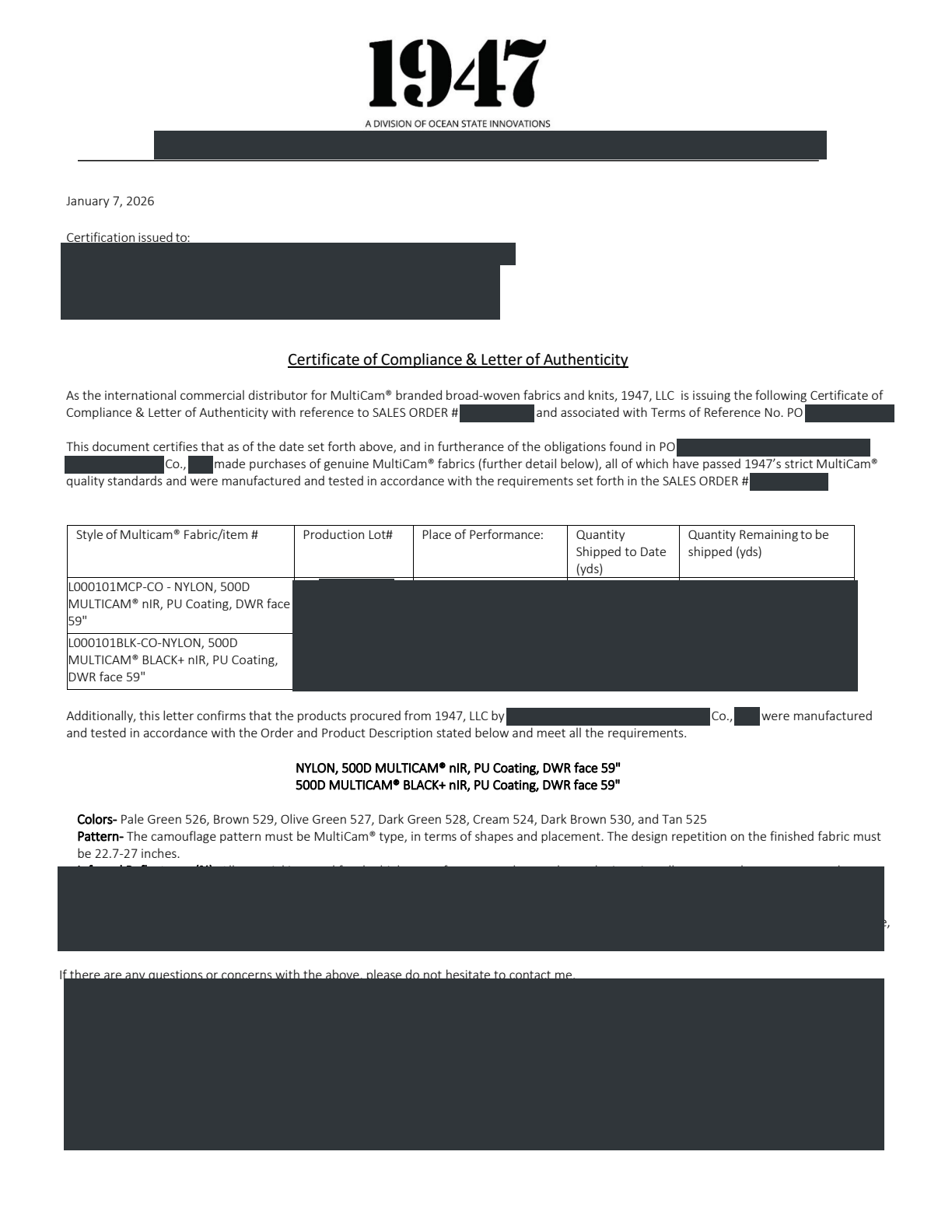 Redacted 1947 fabric authenticity letter