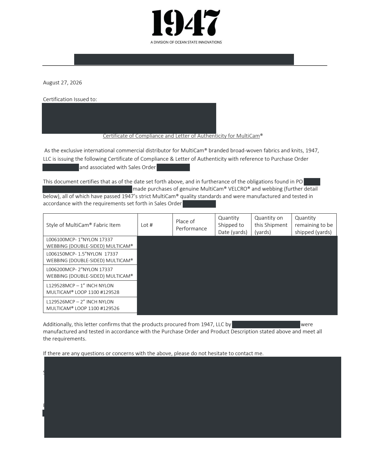 Redacted 1947 authenticity letter for MultiCam webbing and loop